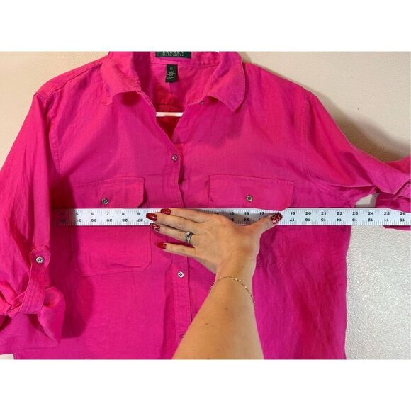 Lauren Ralph Lauren Roll-Tab-Sleeve 100% Linen Bright Pink Long Sleeve Shirt XL - Picture 8 of 9